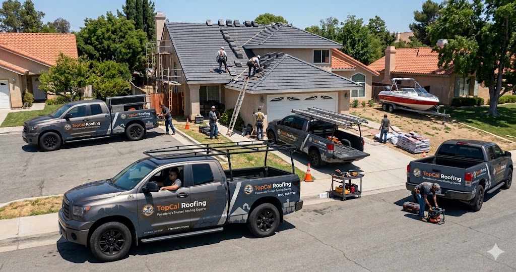 TopCal Roofing crew and branded trucks on a residential job site in Pasadena